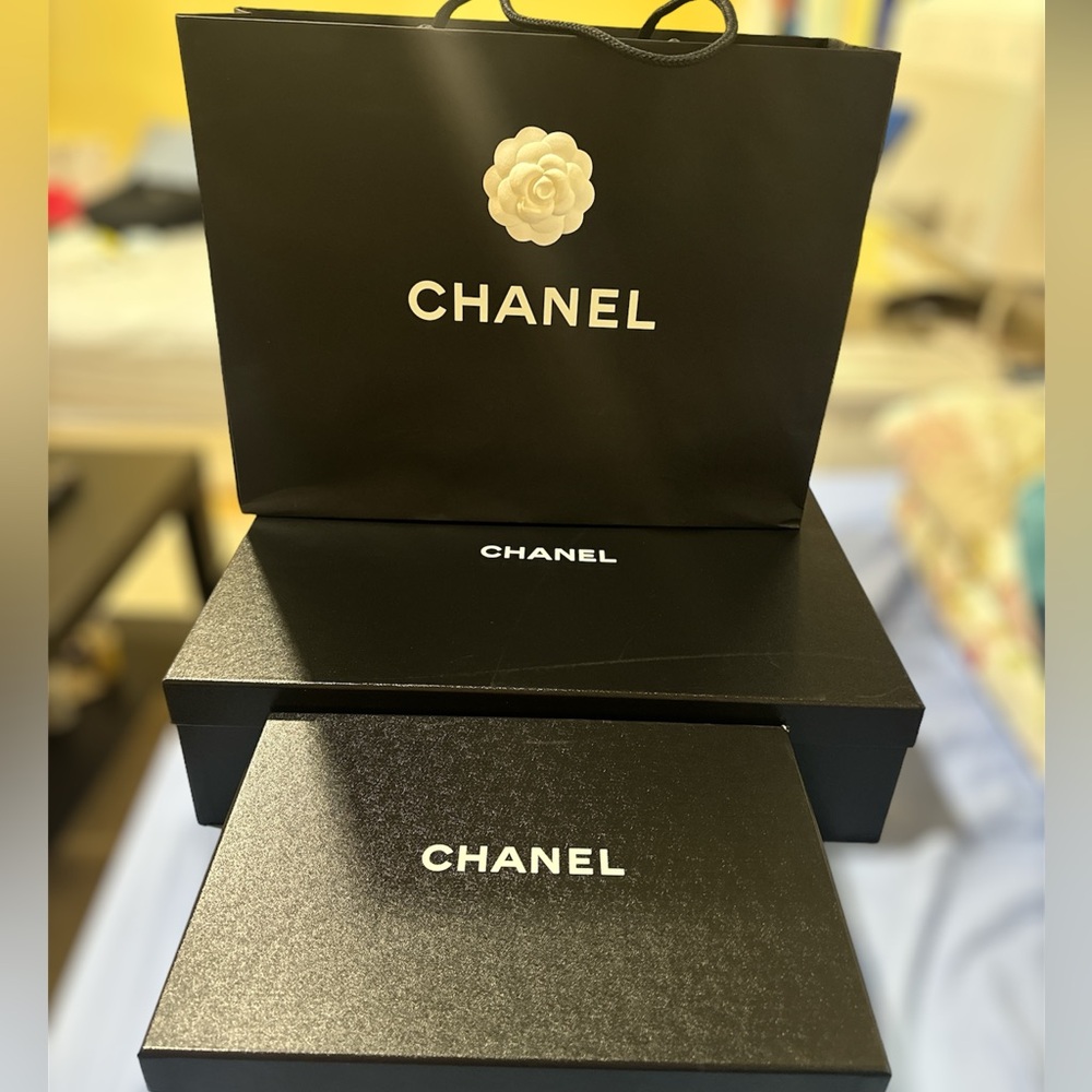 Two Chanel empty sandal box and long boot box and one empty shopping bag